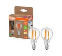 OSRAM Energy Class en forma clásica de mini bola, 2,2 W / 470 lm, EEK A, luz blanca cálida (2700 K), CRI 80, fabricada en vidrio transparente sin plomo, casquillo E14, IP20, 45 mm de diámetro.