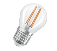 OSRAM Energy Class en forma clásica de mini bola, 3,8 W / 806 lm, EEK A, luz blanca cálida (2700 K), CRI 80, fabricada en vidrio transparente sin plomo, casquillo E27, IP20, 45 mm de diámetro.