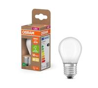 OSRAM Energy Class en forma clásica de mini bola, 3,8 W / 806 lm, EEK A, luz blanca cálida (2700 K), CRI 80, fabricada en vidrio esmerilado sin plomo, casquillo E27, IP20, 45 mm de diámetro.