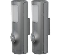 OSRAM Lámpara de Noche LED Plateada, función de Linterna 2 en 1, Sensor de luz, Detector de Movimiento, Funciona con Pilas, Resistente a Salpicaduras IP54 (Paquete de 2)