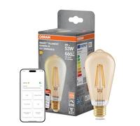 OSRAM Lámpara LED SMART+, E53, 6 W, 2400 K, E27, Edison, filamento, dorada, regulable, controlable mediante aplicación o asistente de voz, compatible con Matter