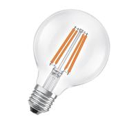 OSRAM LED-Lampe in klassischer Globeform, mit dekorativem LED-Filament, Energieeffizienzklasse A, E27, 5 W, 1055 lm, 2700 K, warmweiß. Ohne Aufwärmen, sofort 100% Licht. Geringes Flackern.