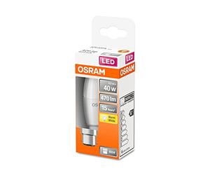 OSRAM LED Star Classic B40, lámpara LED esmerilada en forma de vela, casquillo B22d, blanco cálido (2700K), 470 lúmenes, sustituye a las bombillas convencionales de 40W, paquete de 1
