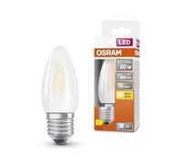 Lámpara LED OSRAM LED Star Classic en forma clásica de mini vela, luz blanca cálida (2700 K) con 5,5W / 806 lm, fabricada en vidrio esmerilado sin plomo, casquillo E27, IP20, EEK D, 35 mm de diámetro.