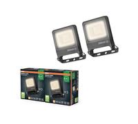 OSRAM Proyector LED ENDURA FLOOD PC 20W, blanco cálido 3000K, 1800 lúmenes, IP65, con aluminio reciclado, ángulo de haz de 110°, 90 lm/W, gris,2-Pack