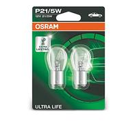 OSRAM ULTRA LIFE P21/5W, lámpara de señalización halógena, luz de freno, luz adicional trasera, 7528ULT-02B, automóvil de 12 V, ampolla doble (2 unidades)