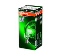 OSRAM ULTRA LIFE P21W, lámpara de señalización halógena, luz de freno, iluminación adicional trasera, 7506ULT, automóvil de 12 V, estuche (10 unidades)