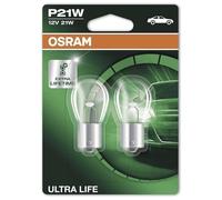 OSRAM ULTRA LIFE P21W, lámpara de señalización halógena, luz de freno, luz adicional trasera, 7506ULT-02B, automóvil de 12 V, ampolla doble (2 unidades)