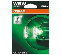 OSRAM ULTRA LIFE W5W, Lámpara halógena, luz de matrícula y de posición, 2825ULT-02B, automóvil de 12 V, ampolla doble (2 unidades)