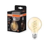 OSRAM Vintage 1906 Globe ist eine warmweiße, dimmbare LED-Lampe in Ballform mit spiralförmigem Filament. Sie bietet 8 W für 806 lm, E27 Fassung, goldfarbenes Glas, 80 mm Durchmesser, 2200 K, EEK F.