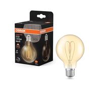 OSRAM Vintage 1906 Globe es una regulable de color blanco cálido con forma de bola clásica con filamento. Ofrece 8 W para 806 lm, casquillo E27, cristal dorado, 80 mm de diámetro, 2200 K, EEK F.