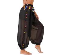 OSRDFV Pantalones de disfraz de danza del vientre para mujer, con lentejuelas divididas laterales, pantalones de yoga harén brillante, pantalones árabes de Halloween, Negro, Talla única