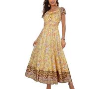 OSTOO Vestido Largo de Verano de Manga Corta para Mujer, Estilo Bohemio, Estampado Floral, Escalonado, Casual, con Vuelo, Flor Amarilla, XL