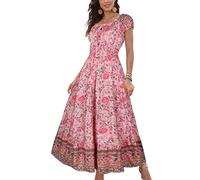 OSTOO Vestido Largo de Verano de Manga Corta para Mujer, Estilo Bohemio, Estampado Floral, Escalonado, Casual, con Vuelo, Rosa (Flowers Pink), XL