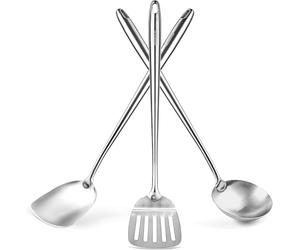 OSUKATA Espátula y Cucharón y Espátula de Cocina Ranurada para Wok 43 cm - Juego de Utensilios de Acero Inoxidable 304 - Cuchara Ranurada - Cucharón Sopa - Pala Cocina - Accesorios de Wok