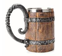 Otartu Taza de cerveza vintage de madera de roble sintético, medieval, retro, vikingo, taza de café de acero inoxidable, jarra de 500 ml, regalo único