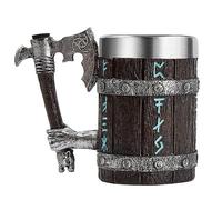 OTARTU Taza vikinga con mango de hacha, jarra de cerveza de madera de roble de runa nórdica, acero inoxidable, 550 ml, regalo vikingo para hombres, día del padre