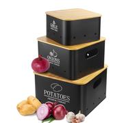 Otauoaea Caja Para Guardar Patatas - Juego de 3 Tarros de Patatas Tarro de Cebolla Tarro de ajo - Almacenamiento Cocina con Tapa de bambú y Orificios de Ventilación - Almacenamiento Espacioso - Negro
