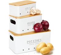 Otauoaea Caja Para Guardar Patatas - [Juego de 3] Tarros de Patatas Tarro de Cebolla Tarro de ajo - Almacenamiento Cocina con Tapa de bambú y Orificios de Ventilación - Blanco