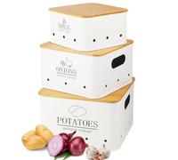 Otauoaea Caja Para Guardar Patatas - Juego de 3 Tarros de Patatas Tarro de Cebolla Tarro de ajo - Almacenamiento Cocina con Tapa de bambú y Orificios de Ventilación - Almacenamiento Espacioso - Blanco