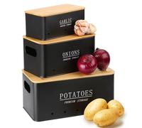 Otauoaea Caja Para Guardar Patatas - [Juego de 3] Tarros de Patatas Tarro de Cebolla Tarro de ajo - Almacenamiento Cocina con Tapa de bambú y Orificios de Ventilación - Negro