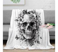 OTBSDNKZZ Estampado 3D Skull with Flowers Manta de Cama Microfibra Ropa de Cama esponjosa y cálida Negro and Blanco t Manta de sofá Lavable para Regalos de Bienvenida a casa 60x80inch(150x200cm)