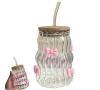 Otbushit Tazas de Vidrio con Tapas y Pajitas de 450 ml, Taza de café Helada con Forma Ondulada con decoración de Lazo, Taza Resistente al Calor para Jugo, Whisky, Soda, té con Leche