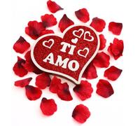 OTHERWISETRIVIAL Corazón Ti Amo Regalo San Valentín - Paquete con pétalos de rosas artificiales y corazón decorativo de madera con inscripción «Ti Amo 18 cm» - Regalo para ella, para él