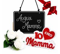 OTHERWISETRIVIAL Regalo para la madre, pizarra colgante de 20 cm, texto en madera «Io amo mamma» de 18 cm, rosas blancas artificiales - Día de la Madre