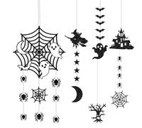 OTKARXUS Decoraciones de Halloween, 7 piezas con purpurina, murciélago, luna, telaraña, fantasma, papel de araña, adornos colgantes de Halloween y letrero de puerta, guirnalda negra para fiesta de