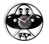 OTKU 30cm Reloj Pared Vintag Platillo Volador de Vinilo LP, Reloj de Pared, OVNI, Extraterrestres, Haz de luz Que transmite la Vaca, Escena de Ciencia ficción, Reloj, Arte Pop caprichoso