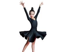 OTMYIGO Niñas Nylons Media Mangas Vestido de Baile Latino para Competición Bailes de Salón Salsa Práctica de Baile Ropa de Fiesta,Negro,150