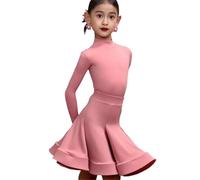 OTMYIGO Traje de Baile de Manga Larga para niñas, Traje de competición de salón de Baile, Vestido de Baile Latino, Salsa y Tango,Rosado,120