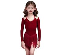 OTMYIGO Vestido de Baile con borlas para niñas, Ropa de Baile de Salsa para niños, Vestidos de salón de competición, Vestido de cha cha Samba Rumba Tango,Rojo,130