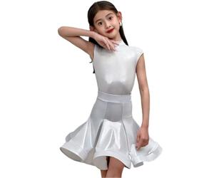 OTMYIGO Vestido de Baile Latino Brillante metálico para niñas, Conjunto de competición de Dos Piezas con Cuello Alto y Mangas Cortas, Traje para actuaciones de Salsa y Rumba,Blanca,140