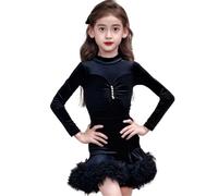 OTMYIGO Vestido de Baile Latino de Tango para niñas, de Terciopelo de Manga Larga para Baile de salón Salsa Samba Swing práctica y competición,Negro,120