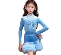 OTMYIGO Vestido de Baile Latino de Tango para niñas, de Terciopelo de Manga Larga para Baile de salón Salsa Samba Swing práctica y competición,Azul,120