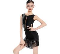 OTMYIGO Vestido de Baile Latino para niñas con Lentejuelas y borlas, Vestido de Baile de Rumba sin Mangas con Flecos, Ropa de Baile para Fiestas, Jazz y Samba,Negro,150