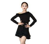 OTMYIGO Vestido de Baile Latino para niñas, Manga Larga, Traje de Baile Cha Cha Jazz, Traje de competición con borlas, Vestido Latino, Ropa de Baile de salón,Negro,130