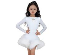 OTMYIGO Vestido de Baile Latino para niñas, Vestido de competición de Baile de Manga Larga para niños, Fiesta de cumpleaños, Rock and Roll o Atuendo Elegante,Blanca,130
