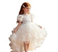 OTMYIGO Vestido de Princesa para niñas, Vestido de niña de Las Flores con Volantes de Tul y Flores en 3D - Vestido de Fiesta de cumpleaños y Boda,Blanca,130cm