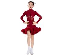 OTMYIGO Vestidos infantiles de manga larga para niñas vestido de baile latino de nailon vestido de competición tango y salón baile traje para fiestas actuaciones en el escenario y ensayos,Burgundy,120