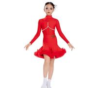 OTMYIGO Vestidos Infantiles de Manga Larga para niñas Vestido de Baile Latino de Nailon Vestido de competición Tango y salón Baile Traje para Fiestas actuaciones en el Escenario y ensayos,Rojo,160