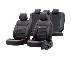 OtoM Fundas de Asiento universales de Cuero 'Premium' Negro + Ribetes Rojos - 11 Piezas - compatibles con airbags Laterales