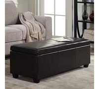 Otomana moderna tapizada de cuero con reposapiés de madera, taburete rectangular con parte superior elevable, mesa de café para sala de estar o dormitorio, color negro, 60 x 40 x 42 cm