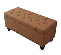 Otomana rectangular plegable de almacenamiento con tapa con bisagras, banco de zapatos de cuero artificial, parte superior capitoné, marco de madera maciza, color marrón claro, taburete para