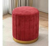 Otomana redonda de terciopelo con base chapada en oro para sala de estar, dormitorio o tienda, taburete reposapiés de terciopelo rojo, sin almacenamiento, 13 x 16.5 pulgadas