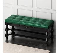 Otomana vintage de madera maciza con asientos de cuero, banco de almacenamiento de 3 niveles, zapatero de gran capacidad para sala de estar, dormitorio, entrada, verde, 100 x 30 x 48 cm (39x)