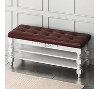 Otomana vintage de madera maciza con asientos de cuero de 3 niveles, banco de almacenamiento de gran capacidad, zapatero para sala de estar, dormitorio, entrada, color marrón, 100 x 30 x 48 cm