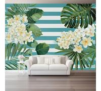 otomural Papel Pintado 3D Acuarela hojas palmera flores elementos tropicales Patrón - Verde Azul Papel Tapiz Decorativo Moderno para Pared, Mural de Pared para 350 x 256 cm, Decoración del Hogar